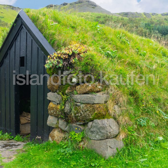 Hütte mit Gras überwachsen